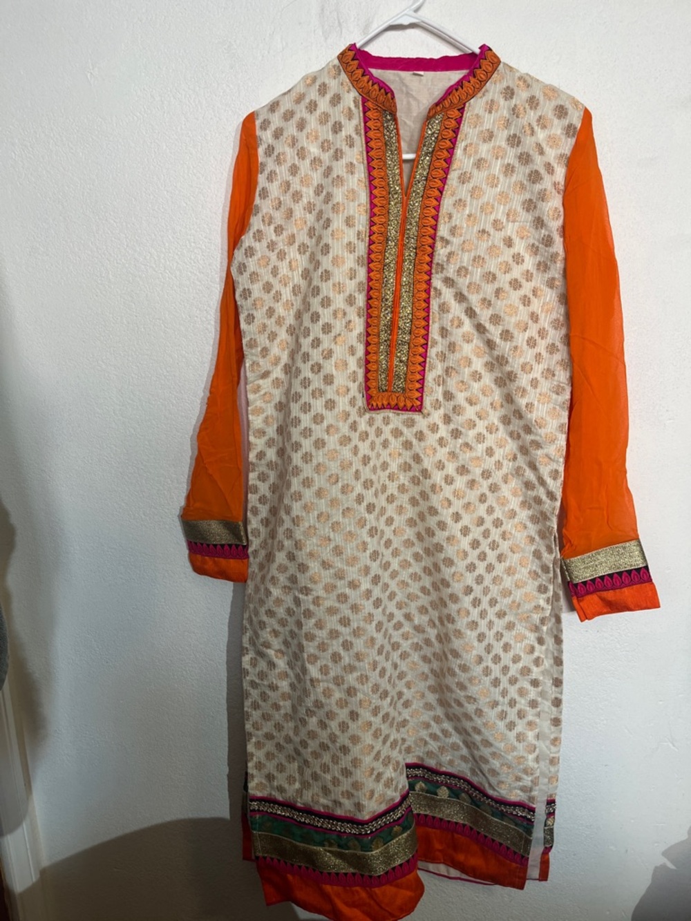 Long Sleeve Cream & Orange Embroidered Kurta Dress